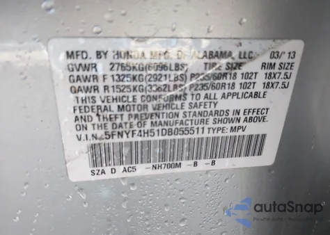 2013 Honda Pilot Ex-L z USA, uszkodzony, nr VIN 5FNYF4H51DB055511